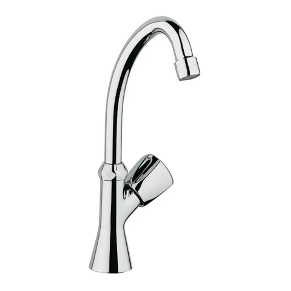 Chromfarbener Kludi Wasserhahn mit hohem, gebogenem Auslauf und seitlichem Bedienhebel. Geeignet für Kalt- und Warmwasseranschlüsse.